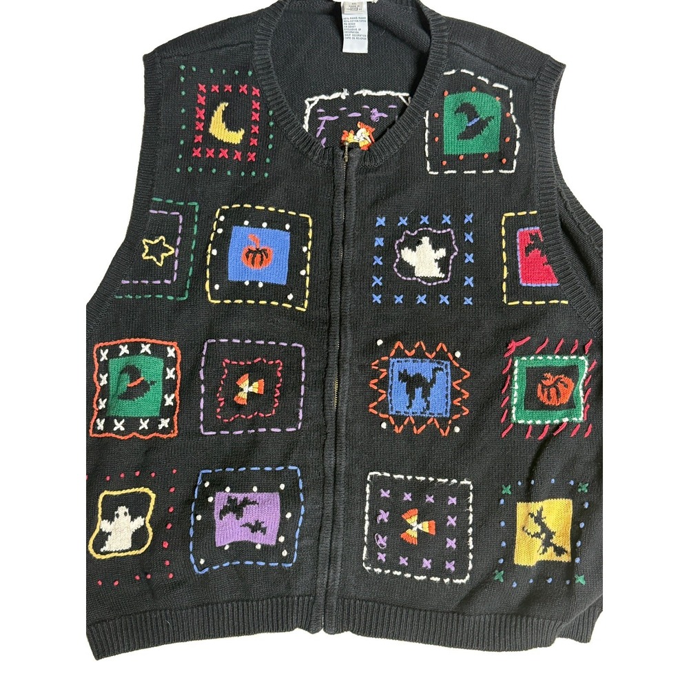 Womens XL Black Full Zip Ramie Sweater Vest Halloween Ghost Embroidered 90s